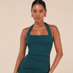 Lulus Prominent Charm Emerald Halter Bodycon Tulip Midi Dress
